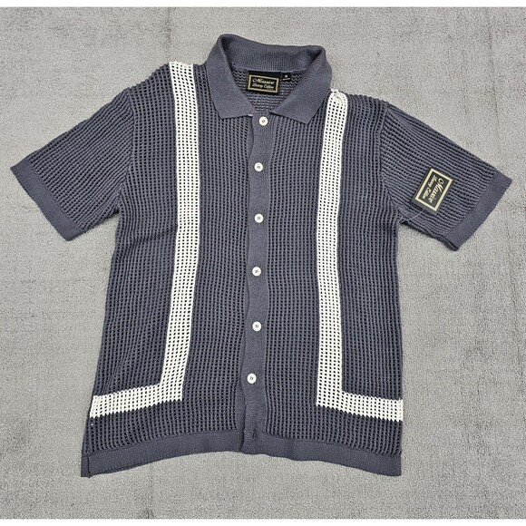 Massive Luxury Edition Mens Sweater M Gray White Crochet Knit Polo Shirt Button - Picture 1 of 8
